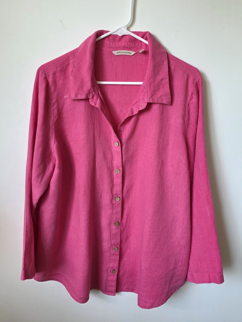 Soft Surroundings 100% Linen Button Front Shirt Women's PL Pink Long Sleeve